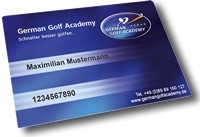Kundenkarte der German Golf Academy in blau mit Namenszug Kundenkarte German Golf Academy