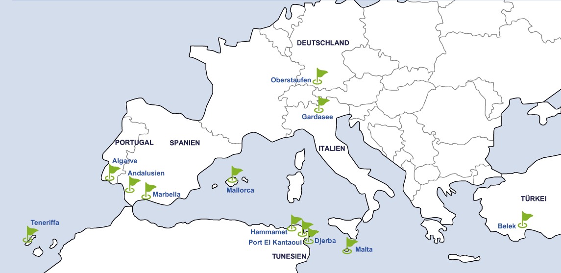Europakarte mit allen Golfschulen